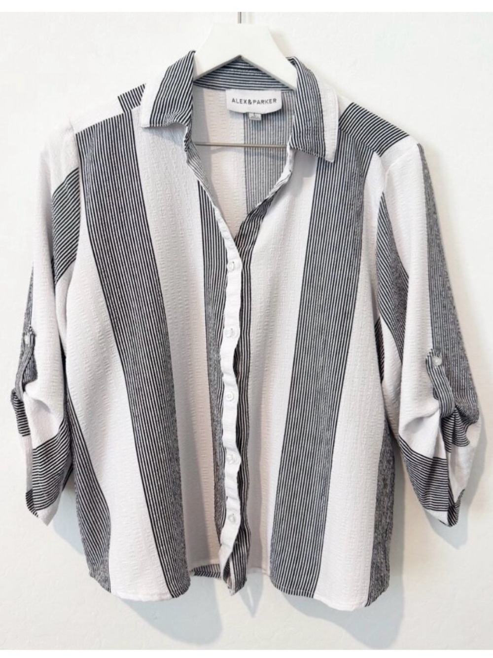 Alex &‎ Parker Striped Collared Button Front Roll Tab Shirt Black White Large